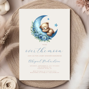 Invitación Lluvia de Luna Oso Acuarela Azul Shower para Bebé 