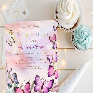 Invitación Lluvia de Mariposas Acuarela Baño de Bebé 