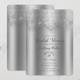 Invitación Lluvia de Mariposas Bridal Shower Plateada Brillan