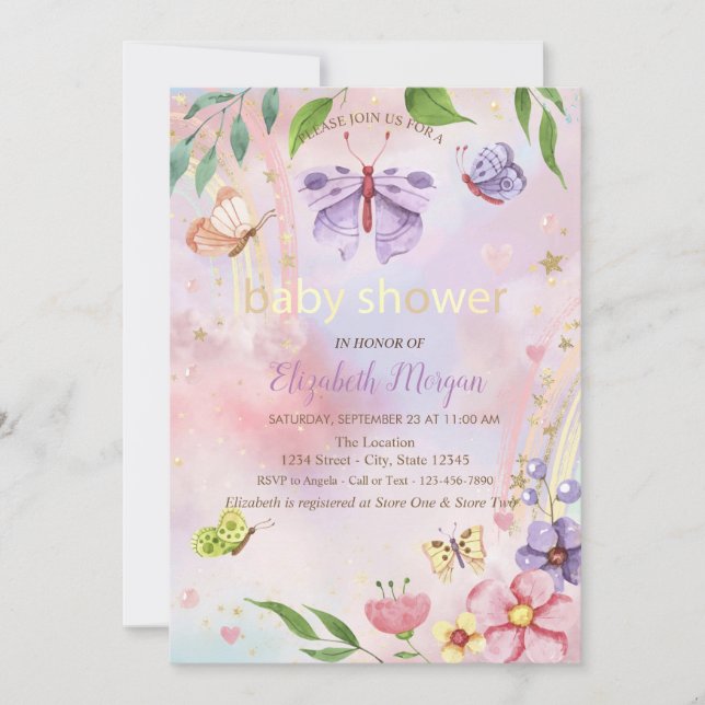 Invitación Lluvia de Mariposas Flores Arcoíris Baby Shower (Anverso)