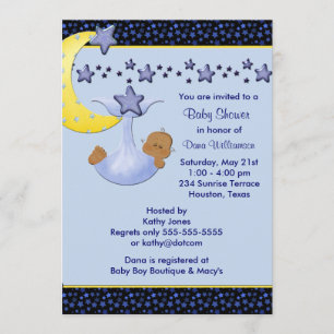 Invitación Lluvia de Niño Étnico Luna Azul Estrellas Amarilla