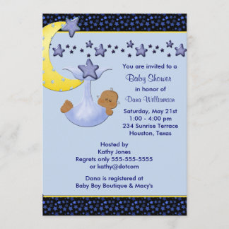 Invitación Lluvia de Niño Etnico Luna Azul Estrellas Amarilla