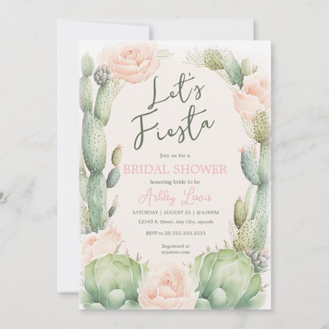 Invitación Lluvia de Novia Boho Desierto Floral Cactus Rubor (Anverso)