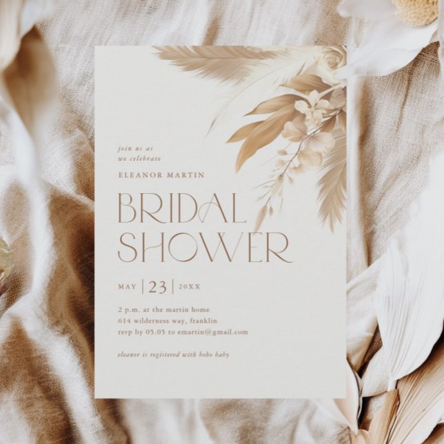 Invitación Lluvia de Novia Boho Neutral con Hierba de las Pam (Pampas grass elegant type boho neutral bridal shower invitation.)