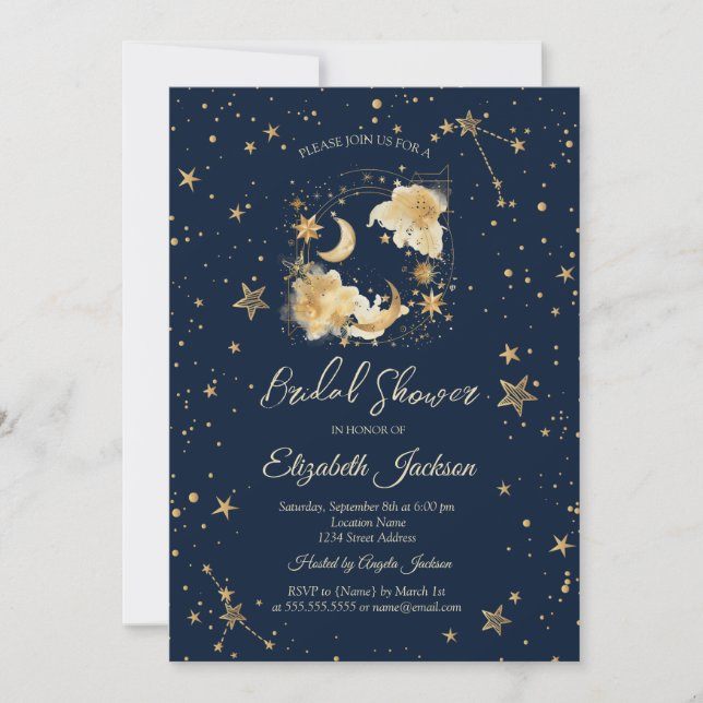 Invitación Lluvia de Novia Celestial Luna, Sol, Estrellas Azu (Anverso)