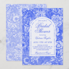 Invitación Lluvia de Novia Chinoiserie Floral Azul Cobalto Bl