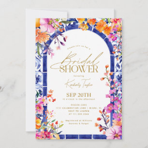 Invitación Lluvia de Novia con Baldosas Azules Italianas y Fl