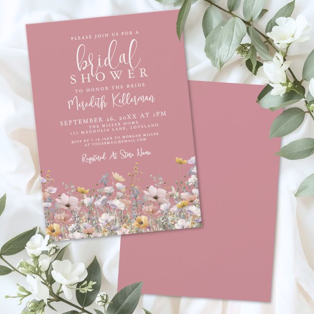 Invitación Lluvia de Novia con Flor Silvestre Rosa Polvo (Dusty Pink Wildflower Bridal Shower Invitation )
