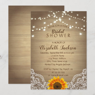 Invitación Lluvia de Novia con Girasoles, Encaje y Madera Rús