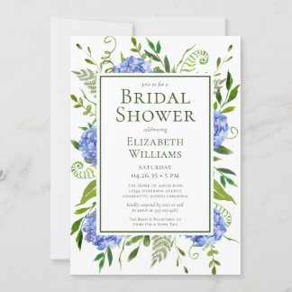 Invitación Lluvia de Novia con Hortensias Azules Acuarela Flo