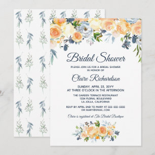 Invitación Lluvia de Novia Floral Acuarela Coral Azul Marino