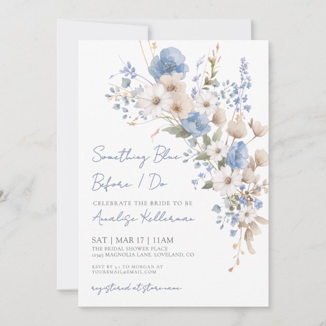 Invitación Lluvia de Novia Floral Azul de Flores Silvestres (Anverso)