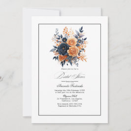 Invitación Lluvia de Novia Floral con Acuarela Azul Marino y 
