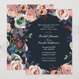 Invitación Lluvia de Novia Floral con Acuarela Azul Oscuro y 