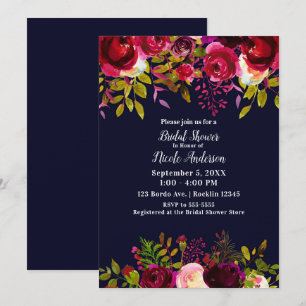 Invitación Lluvia de Novia Floral Otoñal Azul Granate Borgoña