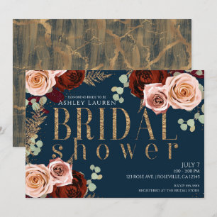 Invitación Lluvia de Novia Rosas Azules Doradas y Rosadas Gla
