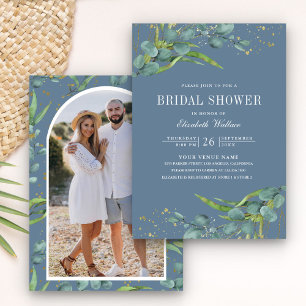 Invitación Lluvia de Novia Rústica de Eucalipto en Polvo Azul