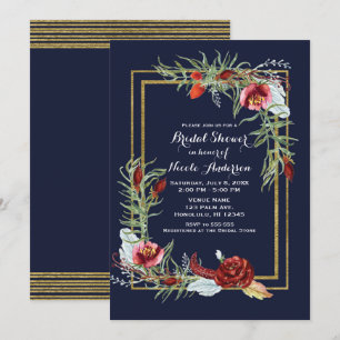 Invitación Lluvia de Novia Rústica Otoñal Marsala Floral Azul