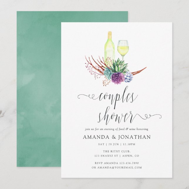 Invitación Lluvia de novios con acuarela de suculentas degust (Anverso / Reverso)