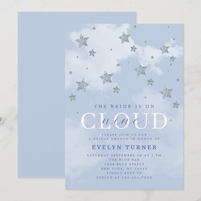 Invitación Lluvia de Nubes de Estrellas Azul y Blanco para De (Anverso / Reverso)