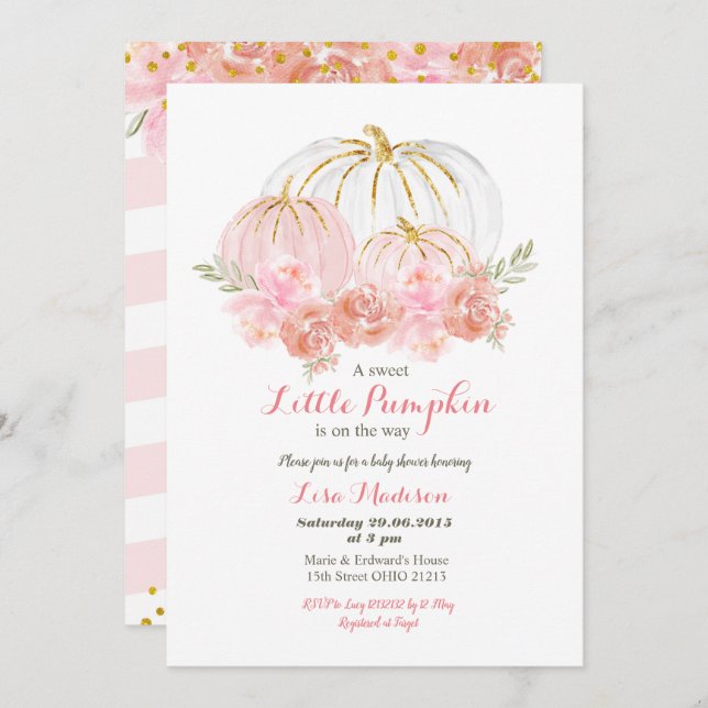 Invitación Lluvia de oro rosa Floral Calabaza baby shower (Anverso / Reverso)