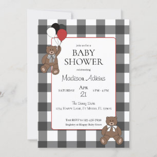 Invitación Lluvia de ositos de peluche en cuadros Búfalo Rojo