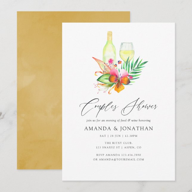 Invitación Lluvia de parejas de flores de verano tropical deg (Anverso / Reverso)