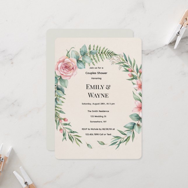 Invitación Lluvia de parejas románticas con flores rosadas y  (Anverso/Reverso In Situ)