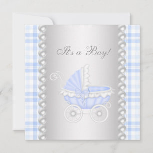 Invitación Lluvia de Perlas Azul Gingham Carruaje Niño Shower