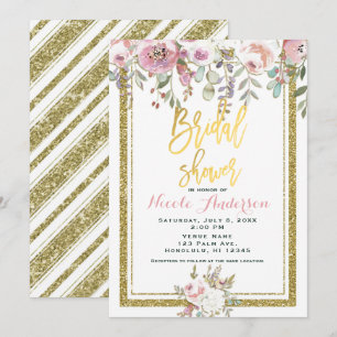 Invitación Lluvia de purpurina de papel de oro rosa floral mo