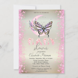 Invitación Lluvia de purpurina Mariposa Luna Baby Shower