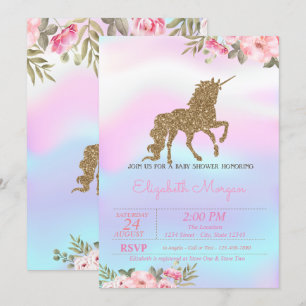 Invitación Lluvia de purpurina Unicornio Floral Holográfico B