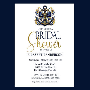 Invitación Lluvia de Regalos de Boda Ancla Náutica Oro Azul