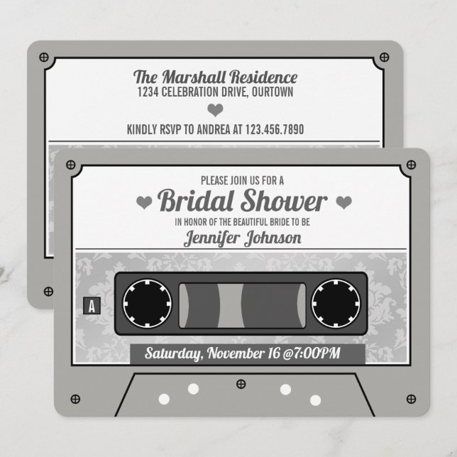 Invitación Lluvia de Regalos de Boda con Cinta de Casete Retr (Anverso / Reverso)