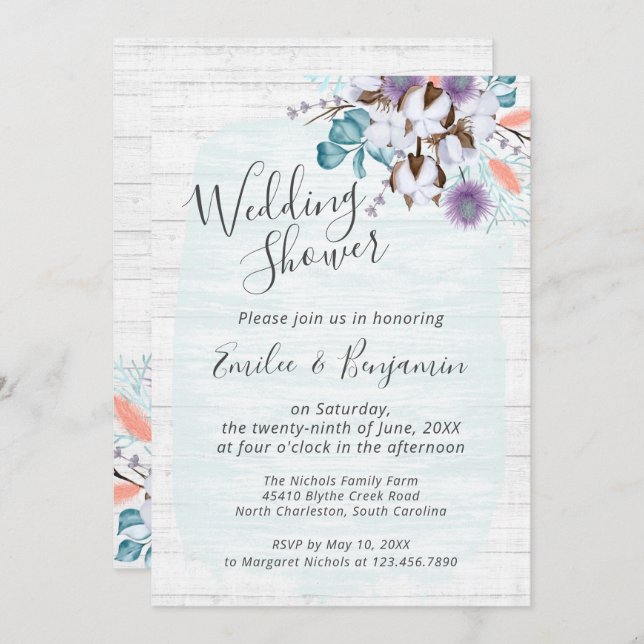 Invitación Lluvia de Regalos de Boda de Flores de Algodón del (Anverso / Reverso)