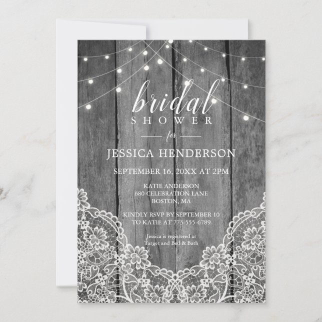Invitación Lluvia de Regalos de Boda de Madera Rústica y Enca (Anverso)