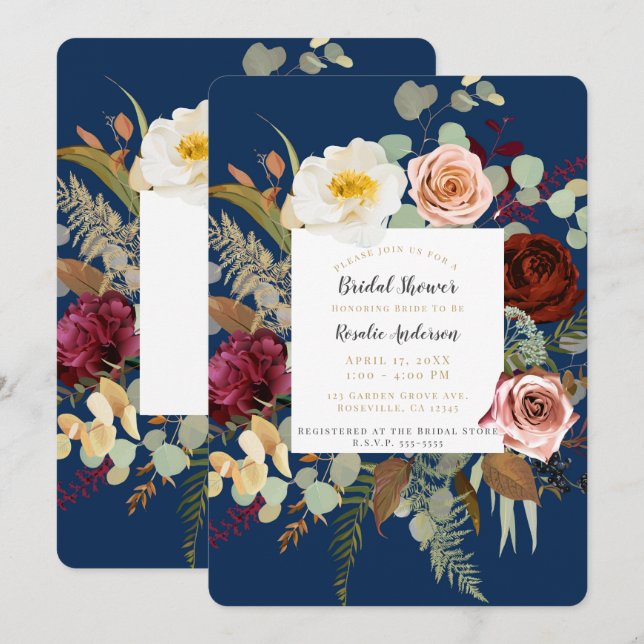 Invitación Lluvia de Regalos de Boda Floral Rústica en Azul M (Anverso / Reverso)