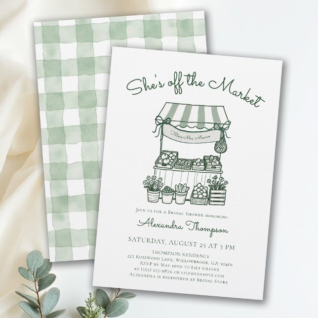 Invitación Lluvia de Regalos de Boda Moderna Verde de Granjer (off the market bridal shower invitation green sage farmers stand hand drawn modern elegant chic)