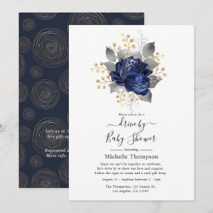 Invitación Lluvia de Regalos Floral Azul Marino, Dorado y Pla