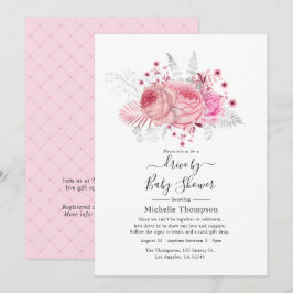 Invitación Lluvia de Regalos Floral con Brillo Rosa y Platead