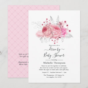 Invitación Lluvia de Regalos Floral con Brillo Rosa y Platead