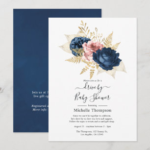 Invitación Lluvia de Regalos Floral Rosa, Azul Marino y Dorad