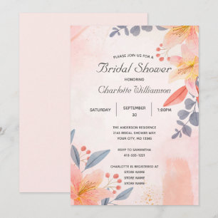Invitación Lluvia de Regalos Nupciales Coral Floral Azul Rosa