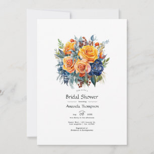 Invitación Lluvia de Regalos Nupciales Floral Azul, Naranja,