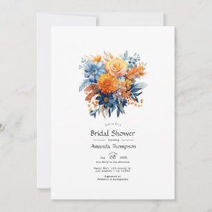 Invitación Lluvia de Regalos Nupciales Floral Azul, Naranja y