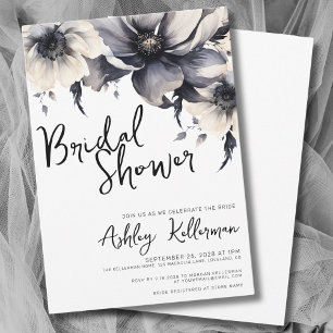 Invitación Lluvia de Regalos Nupciales Floral Blanco Negro