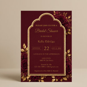 Invitación Lluvia de Regalos Nupciales Floral Borgoña y Dorad