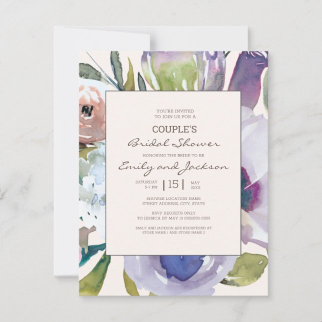 Invitación Lluvia de Regalos Nupciales Floral Rosa Azul Púrpu (Anverso)