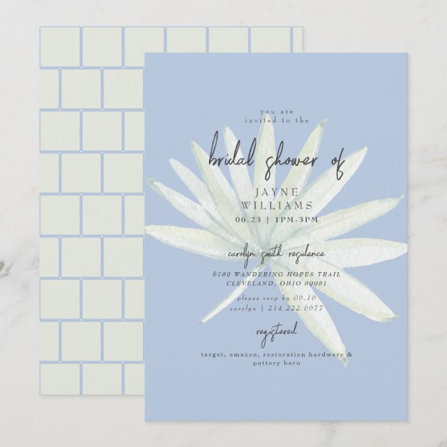 Invitación Lluvia de Regalos Tropical Frond Mint & Azul (Anverso / Reverso)