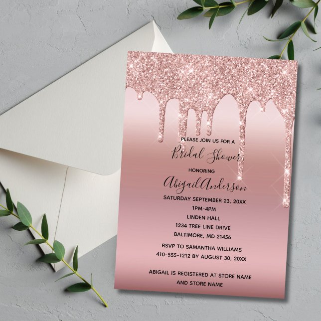 Invitación Lluvia de Rosa Dorado Rosa para Despedida de Solte (Blush Pink Rose Gold Dripping Glitter Bridal Shower invitation. )